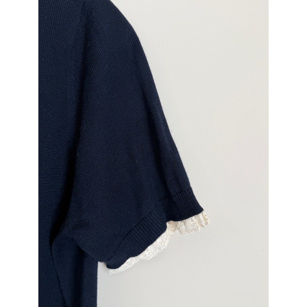 Zara Knit Button Down Sweater Womens Medium Navy Lace Trim Short Sleeve Polo - Picture 3 of 9
